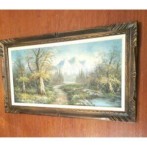 XXL 70s Impasto Oil Painting Mountain Landscape 47.5" Wide Etched  Wood Frame